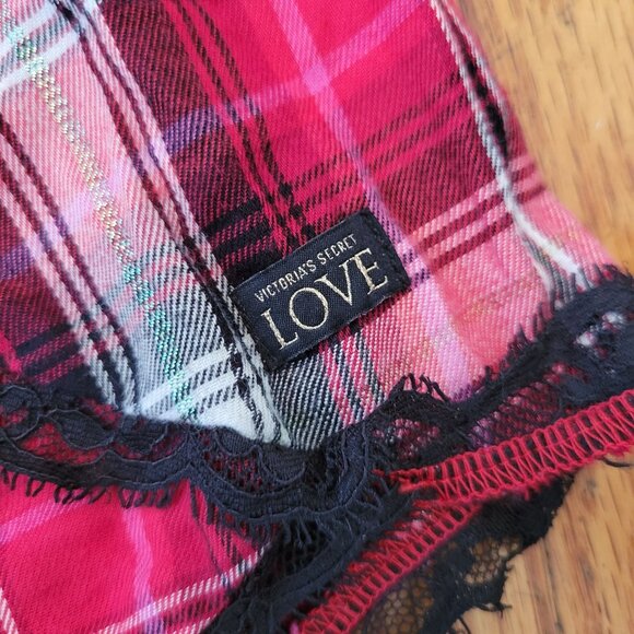 Victorias Secret L Red Plaid 2 Piece Pajama Set Lace Trim Shirt Shorts - Picture 12 of 13